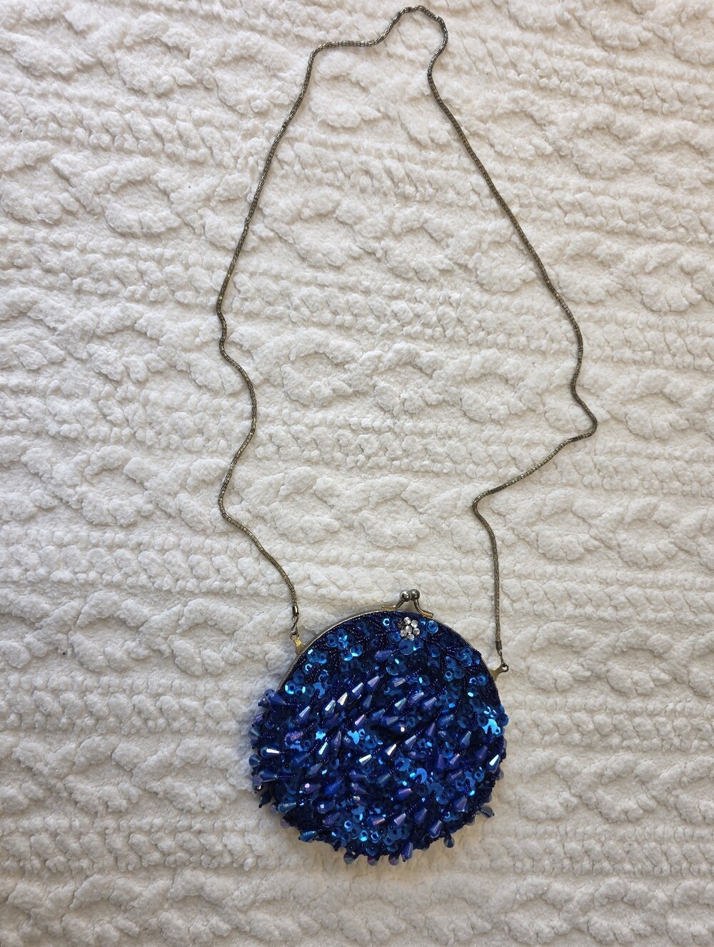 Vintage Cobalt Blue Beaded Sequin Kiss Lock Crossbody Evening Bag